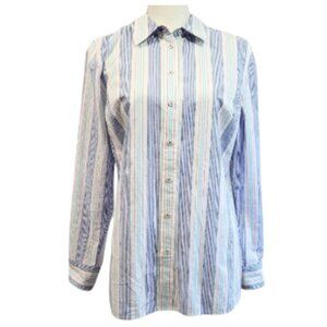 TALBOTS White & Blue Striped Button-Down 100% Cotton Blouse - Women's M